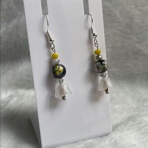 Yellow and White Beaded Drop Earrings with Teardrop Accents